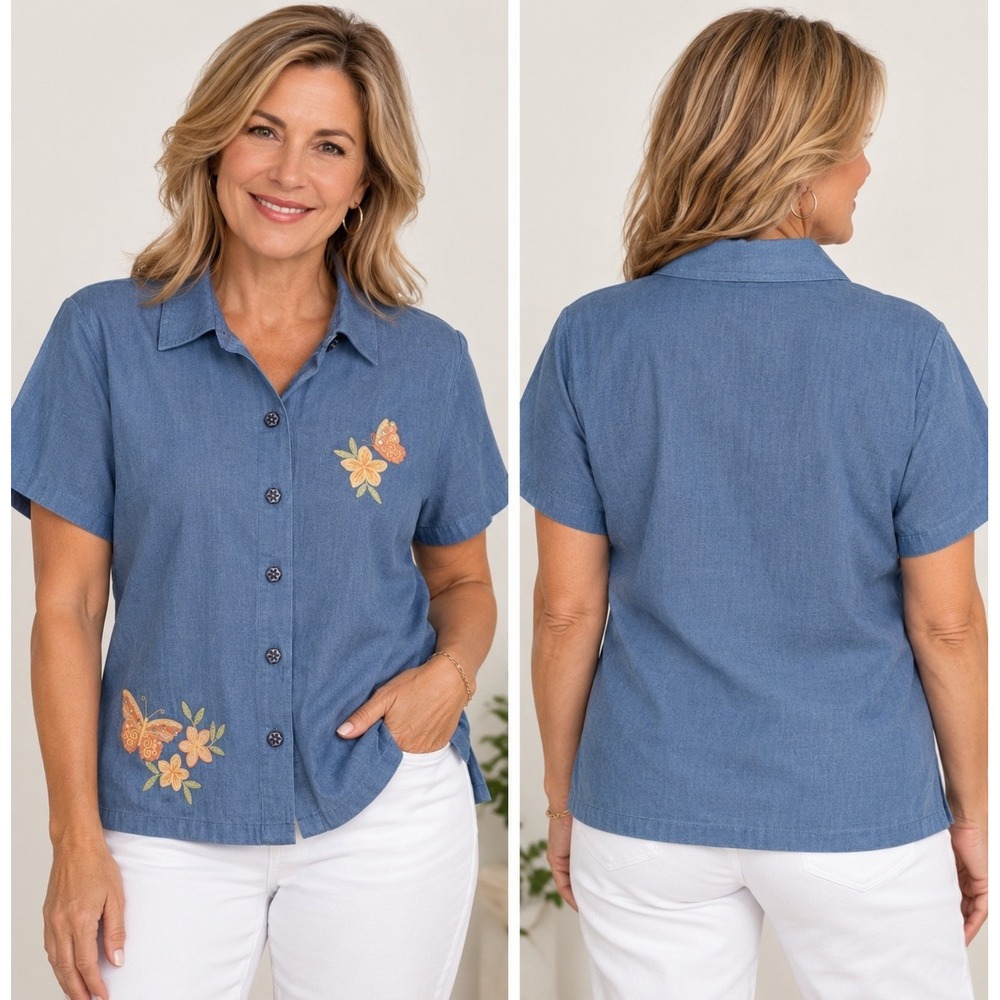 BonWorth VTG Blue Butterfly Floral Embroidered Button Up Shirt SP NWT